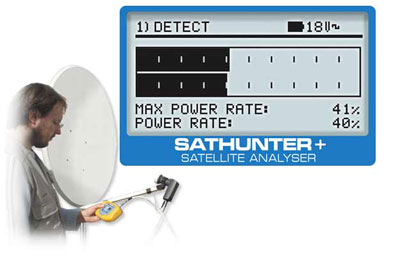 Technician aligning a satellite dish with a SATHUNTER+