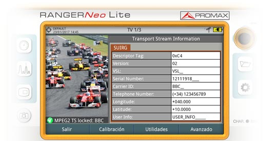 IRG descriptor information in a RANGER Neo Lite field strength meter