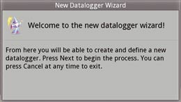 Datalogger wizard welcome dialog box in the field strength meter screen