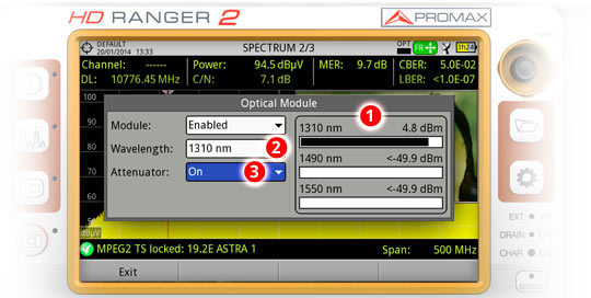 Check and select the wavelengths in the system, and set ON or OFF the field strength meter attenuator