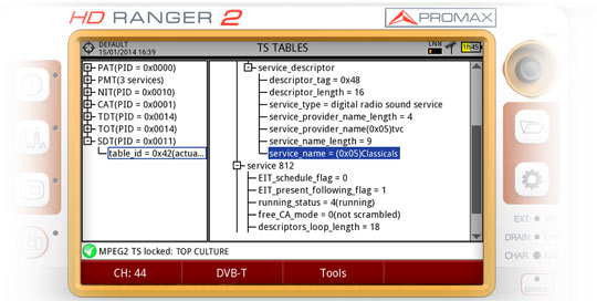 Transport Stream tables analysis in the HD RANGER 2 field strength meter