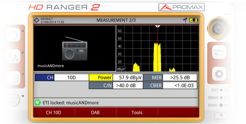 DAB measurement signal with spectrum displayed and broadcaster identification