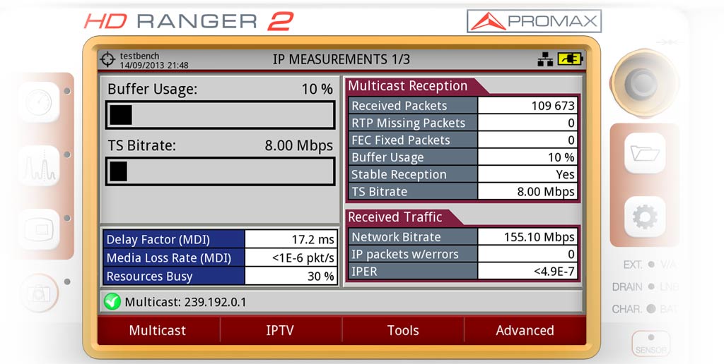 The main IPTV measurements screen of a HD RANGER 2 field strength meters