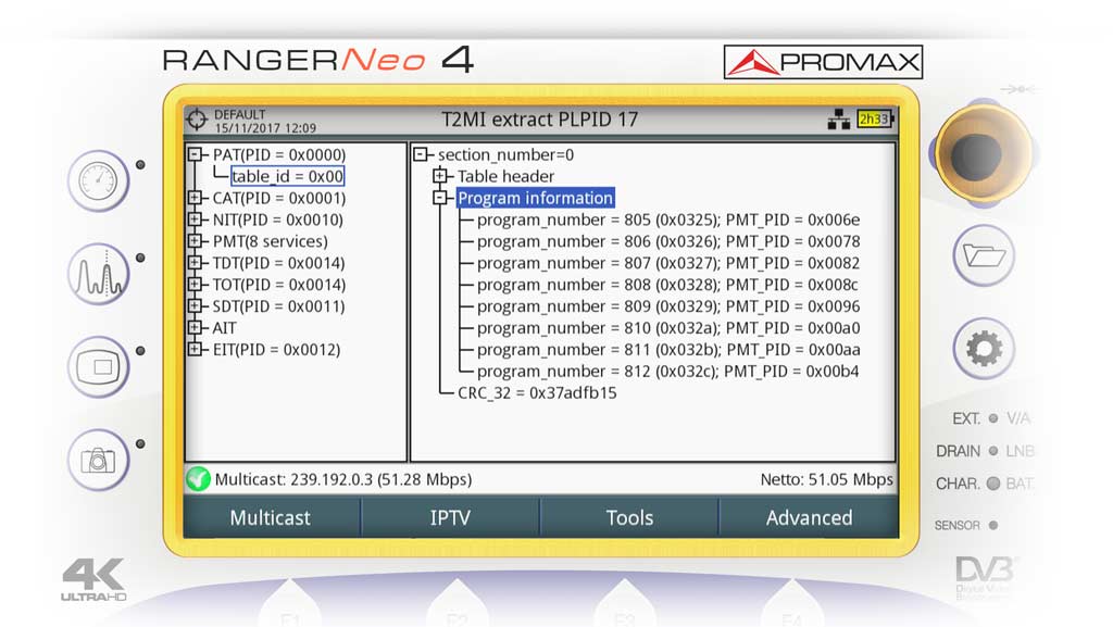 Receiving a T2-MI signal and extracting the PSI/SI tables