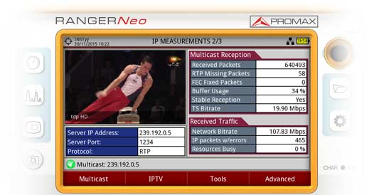 One of the three measurement screens for IPTV available in the RANGER Neo