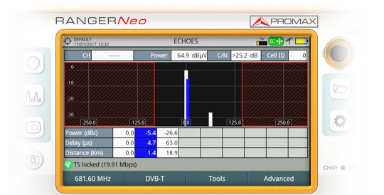 Screen of the field strength meter model RANGER Neo displaying a graphical representation of the echoes