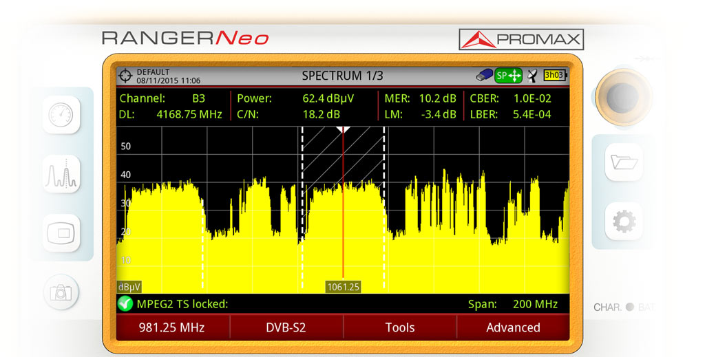 DVB-S2 signal tuned with ACM (Adaptative Coding and Modulation) modulation scheme