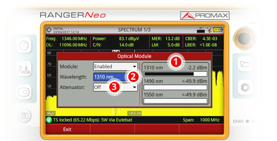 Check and select the wavelengths in the system, and set ON or OFF the field strength meter attenuator