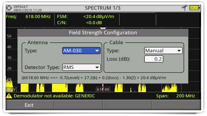 Field strength measurement in a RANGER Neo TV and spectrum analyzer