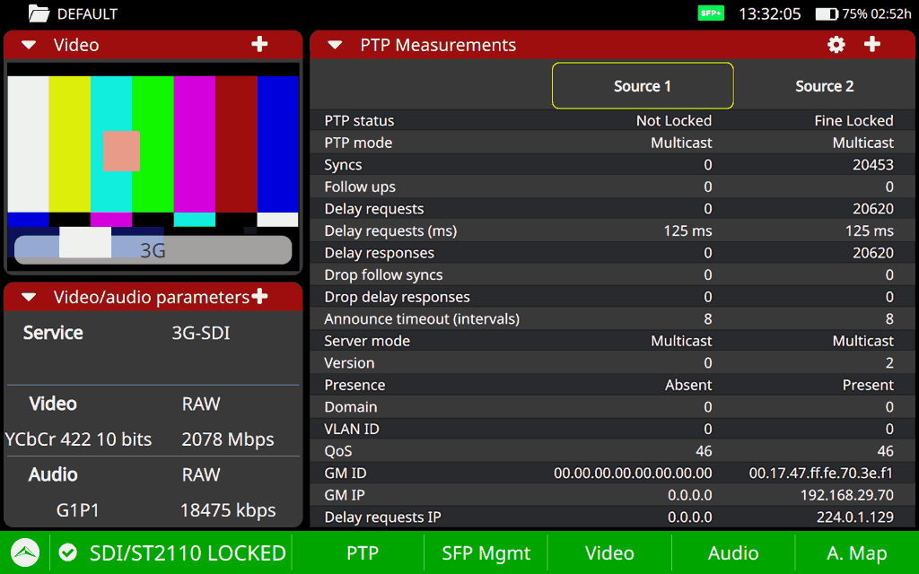 PTP clock data within an ST 2110 network as visualized on the ATLAS NG analyzer
